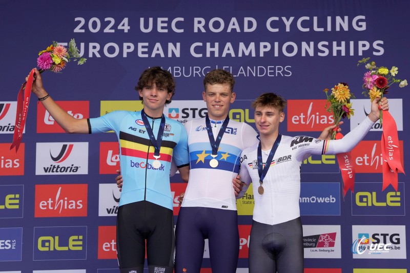 2024 UEC Road European Championships - Limburg - Flanders - Men Junior Individual Time Trial 31,2 km - 11/09/2024 - Jasper Schools (BEL) - Michiel Mouris (NED) -  Paul Fietzke (GER) - photo Luca Bettini/SprintCyclingAgency?2024